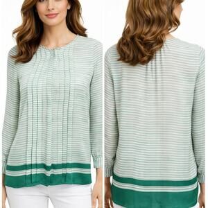 Joie Modine Top 100% Silk Blouse Green Striped Pintuck Pleated Button down XS